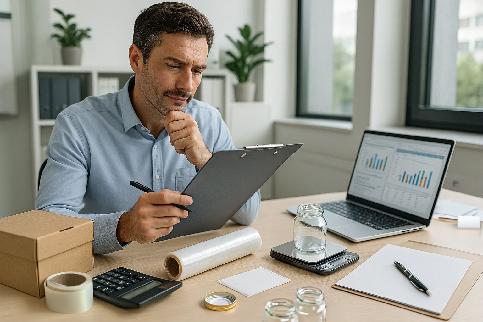 Businessman sits at his desk assessing packaging materials with a weighing scale, a laptop and a clipboard